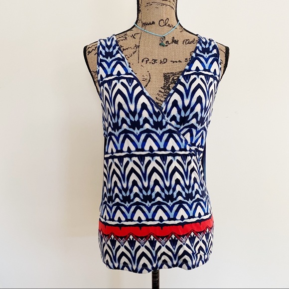 NWT Tart V Neck Criss Cross Navy & Red Fringe Open Back Statement Top - Picture 3 of 8